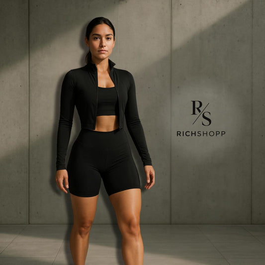 Set Fitness Mujer – Top, Chaqueta y Biker Short