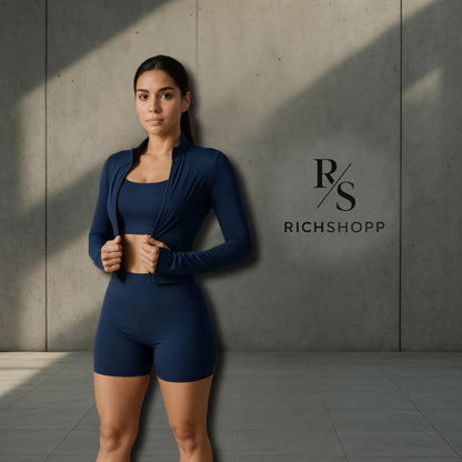 Set Fitness Mujer – Top, Chaqueta y Biker Short